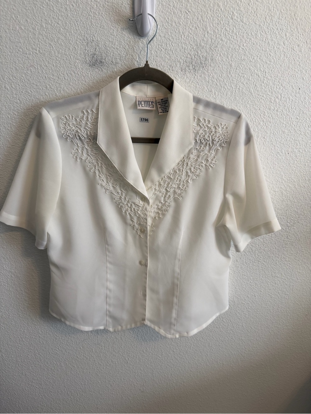 White Embroidered Short Sleeve Button-Down Blouse -